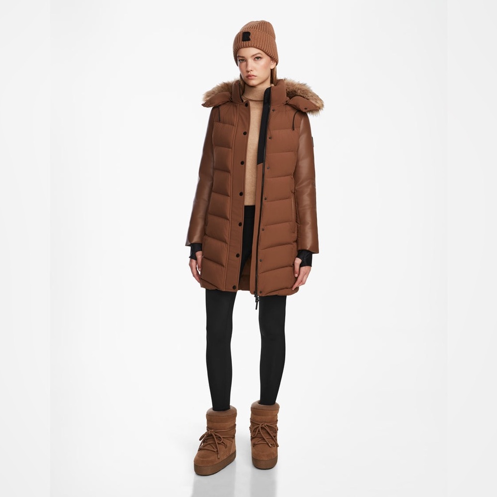 RUDSAK ELSA WOMEN'S MID-LENGTH MATTE DOWN PUFFER WITH RECYCLED LEATHER SLEEVES